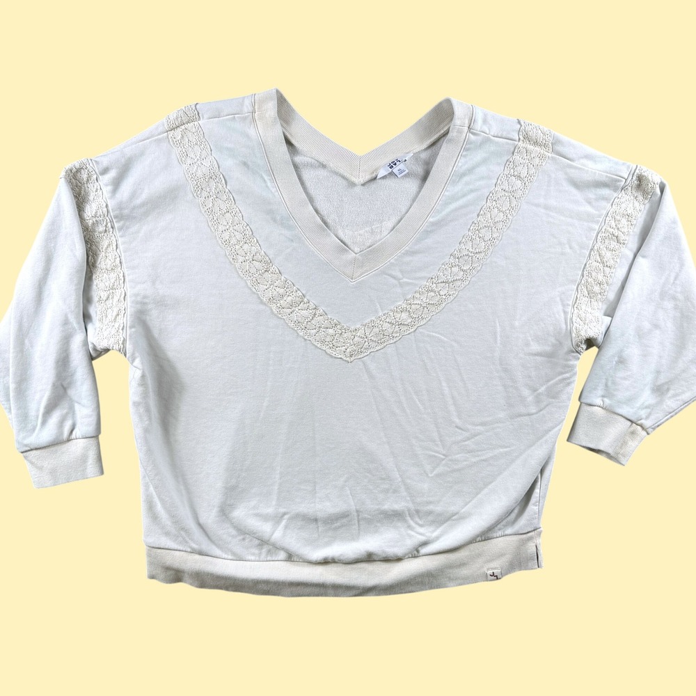 JoyLab Sweatshirt Women XL Off White Crochet Lace Trim V-Neck Boho Athleisure‎
